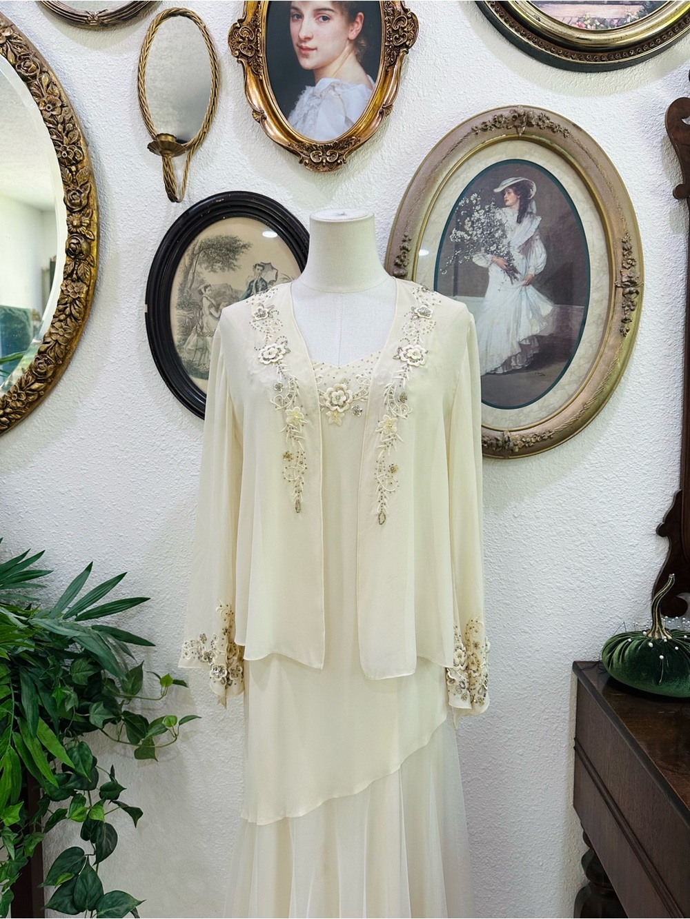 R&M Richards Ivory Two-Piece Chiffon Wedding Dress with Beaded Jacket - Picture 2 of 14